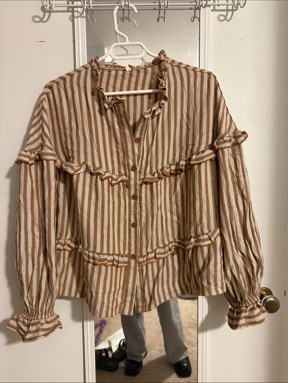Striped Ruffle Button-Front Blouse in Tan & White